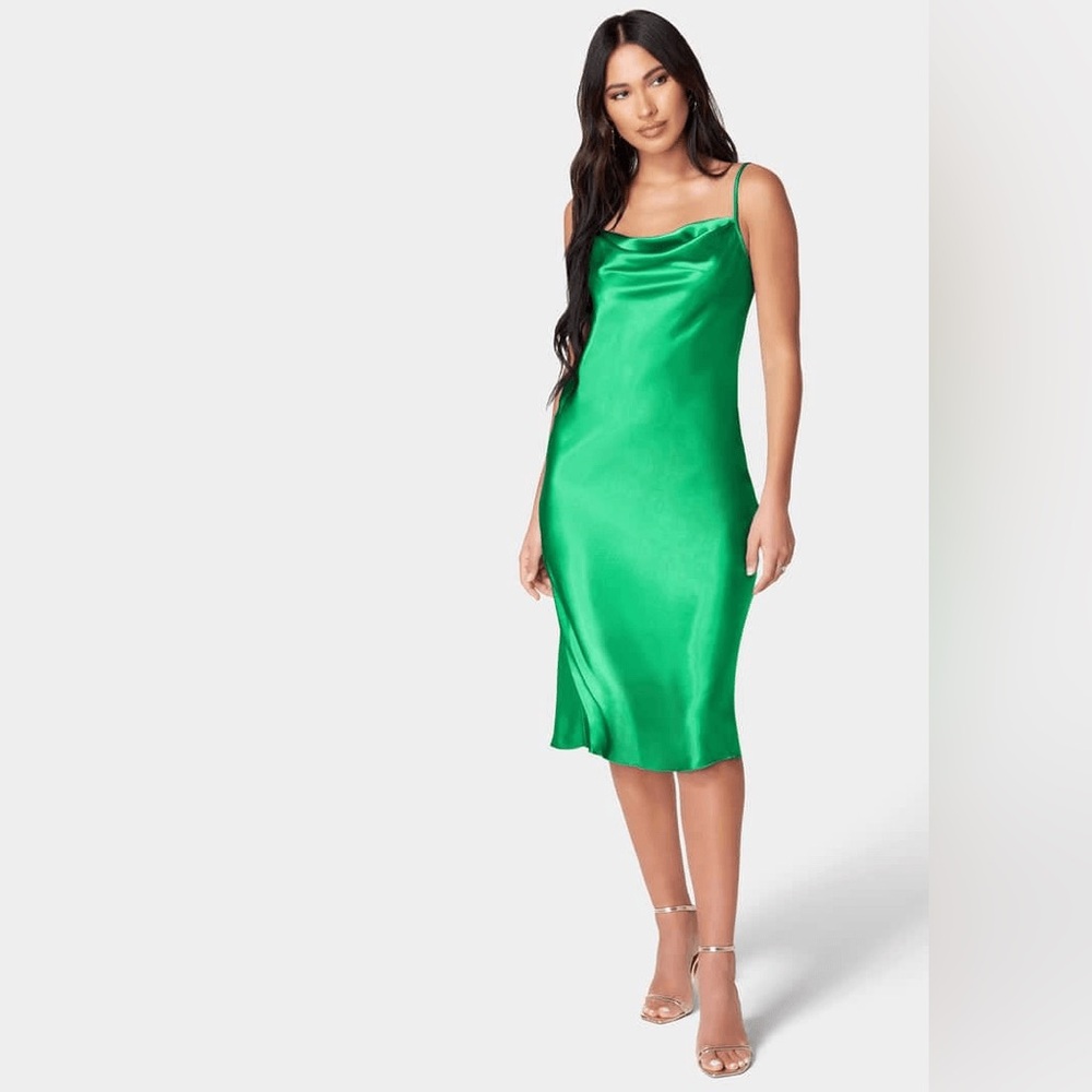 bebe Green Satin Cowl Neck Midi Slip Dress